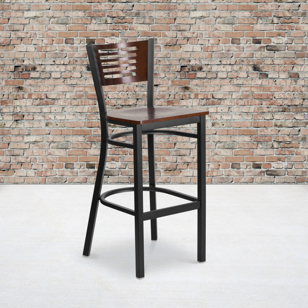 HERCULES Series Black Slat Back Metal Restaurant Barstool - Walnut Wood Back & Seat