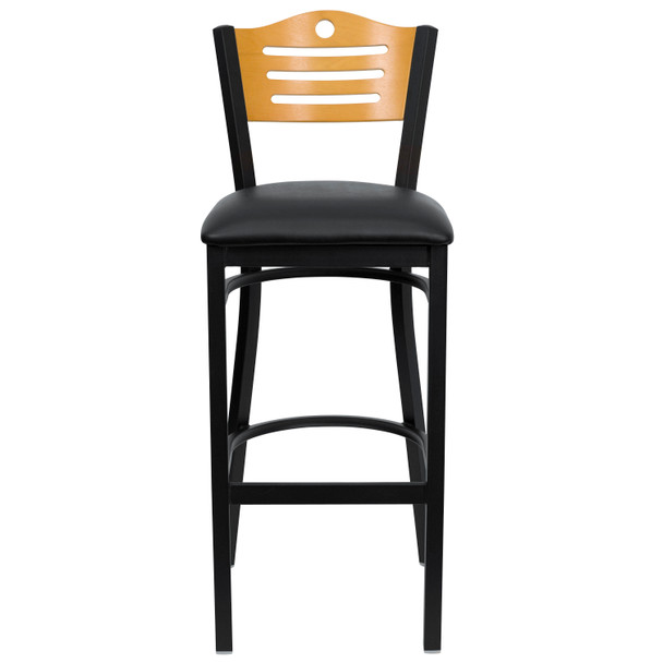 HERCULES Series Black Slat Back Metal Restaurant Barstool - Natural Wood Back, Black Vinyl Seat