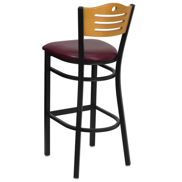 HERCULES Series Black Slat Back Metal Restaurant Barstool - Natural Wood Back, Burgundy Vinyl Seat