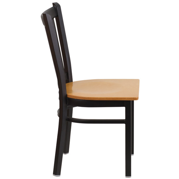 HERCULES Series Black Vertical Back Metal Restaurant Chair - Natural Wood Seat