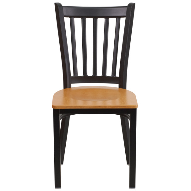 HERCULES Series Black Vertical Back Metal Restaurant Chair - Natural Wood Seat