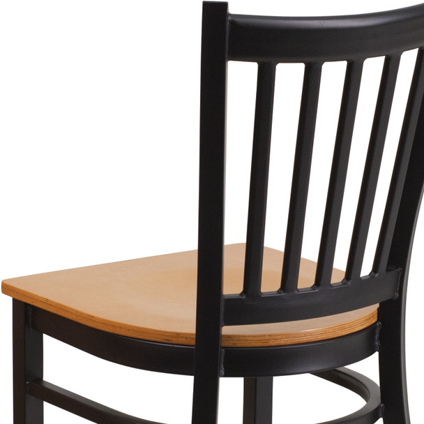 HERCULES Series Black Vertical Back Metal Restaurant Chair - Natural Wood Seat