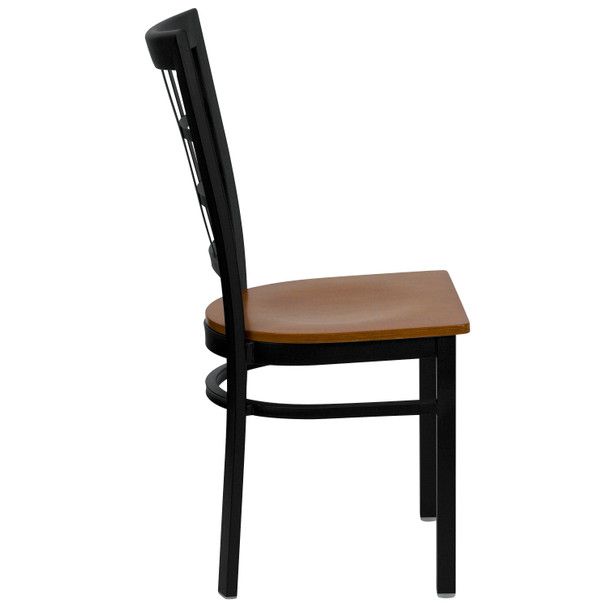 HERCULES Series Black Window Back Metal Restaurant Chair - Cherry Wood Seat