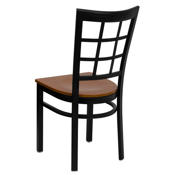 HERCULES Series Black Window Back Metal Restaurant Chair - Cherry Wood Seat