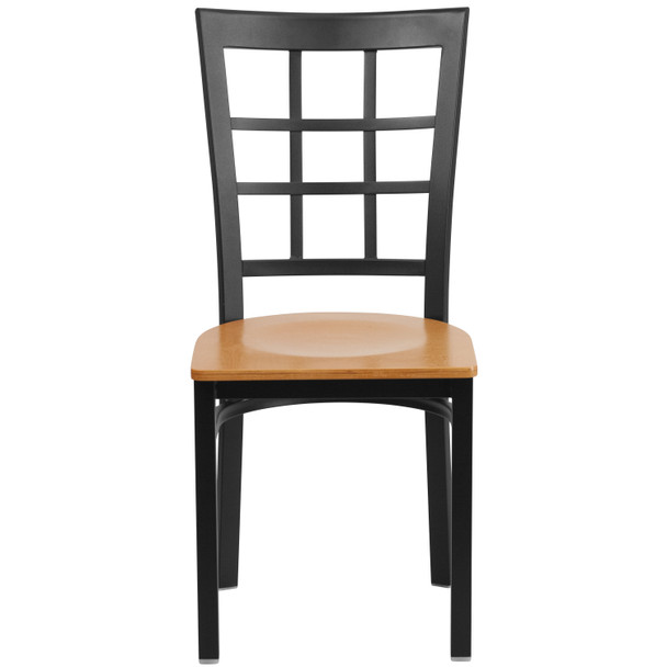 HERCULES Series Black Window Back Metal Restaurant Chair - Natural Wood Seat