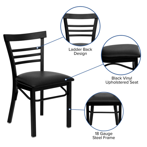 HERCULES Series Black Three-Slat Ladder Back Metal Restaurant Chair - Black Vinyl Seat