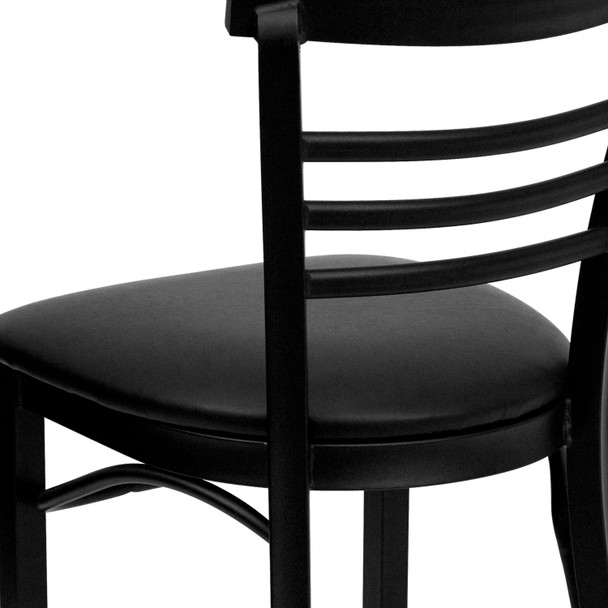 HERCULES Series Black Three-Slat Ladder Back Metal Restaurant Chair - Black Vinyl Seat