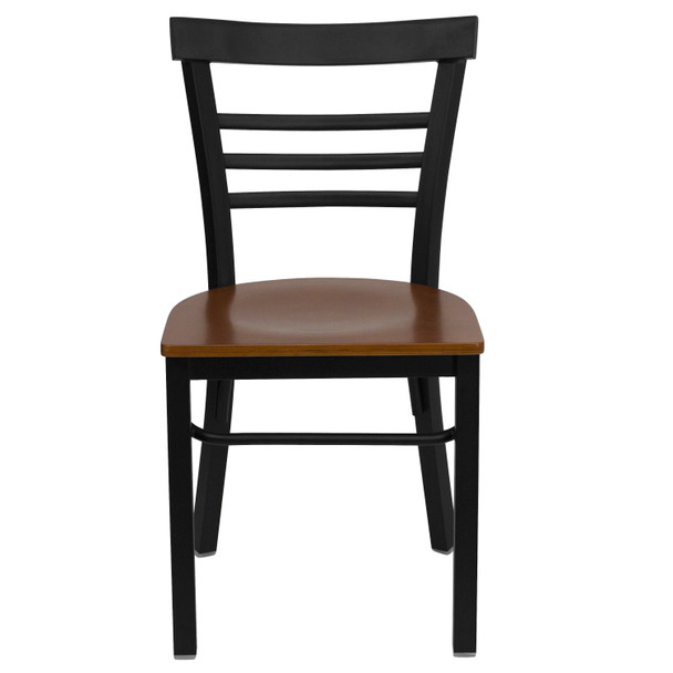 HERCULES Series Black Three-Slat Ladder Back Metal Restaurant Chair - Cherry Wood Seat