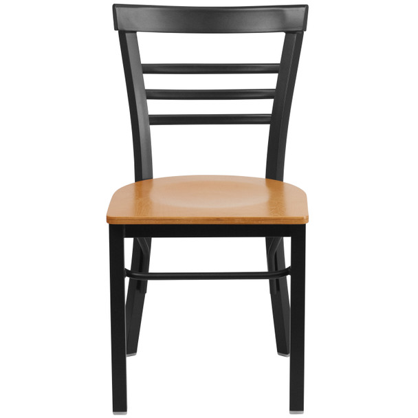 HERCULES Series Black Three-Slat Ladder Back Metal Restaurant Chair - Natural Wood Seat