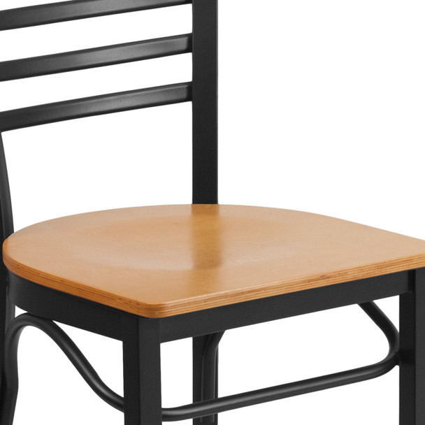 HERCULES Series Black Three-Slat Ladder Back Metal Restaurant Chair - Natural Wood Seat