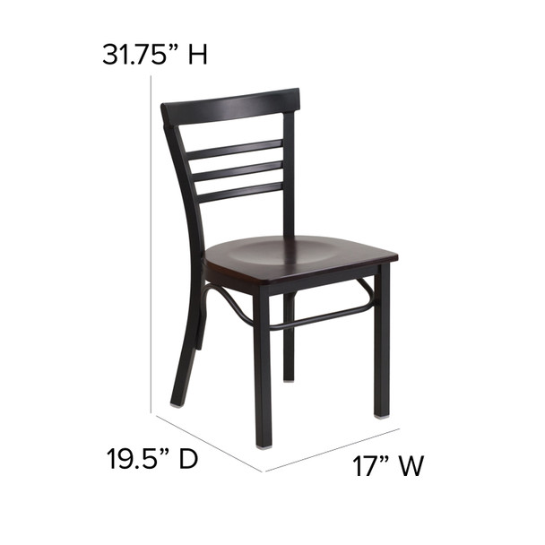 HERCULES Series Black Three-Slat Ladder Back Metal Restaurant Chair - Walnut Wood Seat