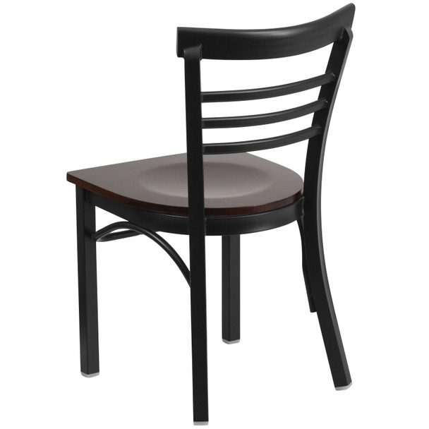 HERCULES Series Black Three-Slat Ladder Back Metal Restaurant Chair - Walnut Wood Seat
