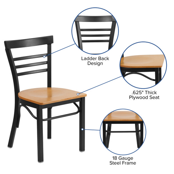 HERCULES Series Black Three-Slat Ladder Back Metal Restaurant Chair - Walnut Wood Seat