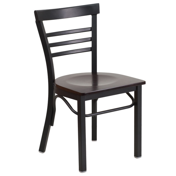 HERCULES Series Black Three-Slat Ladder Back Metal Restaurant Chair - Walnut Wood Seat