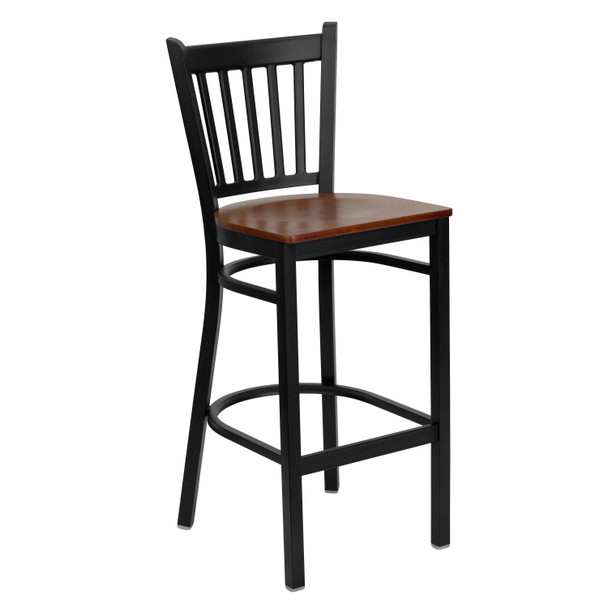 HERCULES Series Black Vertical Back Metal Restaurant Barstool - Cherry Wood Seat