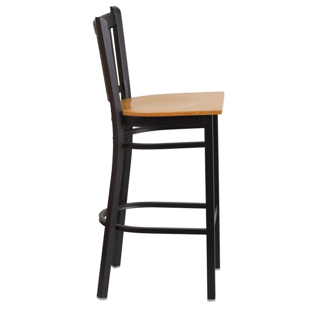 HERCULES Series Black Vertical Back Metal Restaurant Barstool - Natural Wood Seat