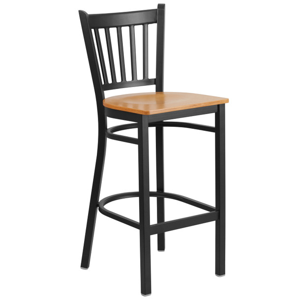 HERCULES Series Black Vertical Back Metal Restaurant Barstool - Natural Wood Seat