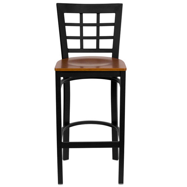 HERCULES Series Black Window Back Metal Restaurant Barstool - Cherry Wood Seat