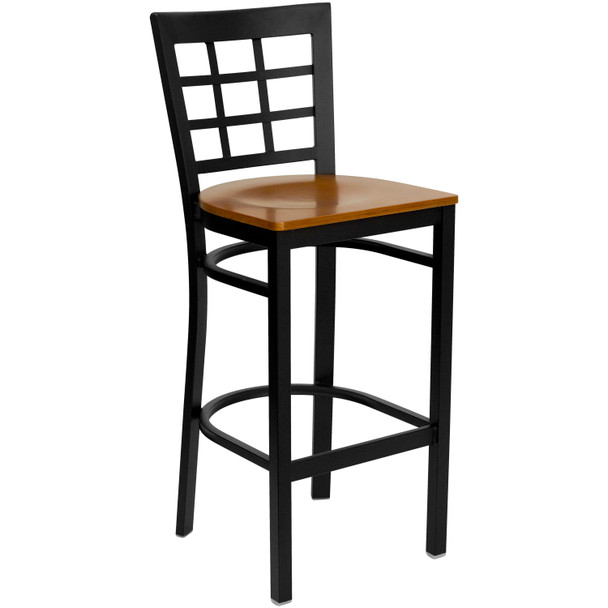 HERCULES Series Black Window Back Metal Restaurant Barstool - Cherry Wood Seat