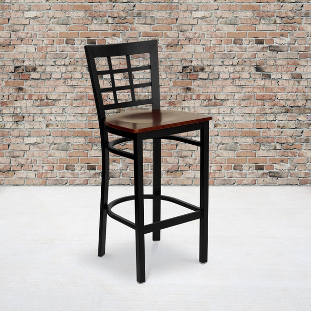 HERCULES Series Black Window Back Metal Restaurant Barstool - Mahogany Wood Seat