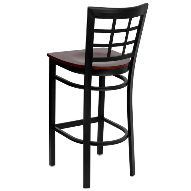 HERCULES Series Black Window Back Metal Restaurant Barstool - Mahogany Wood Seat