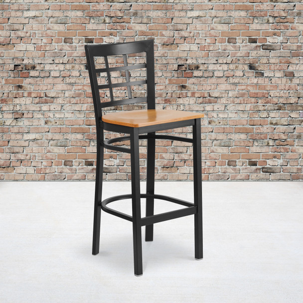 HERCULES Series Black Window Back Metal Restaurant Barstool - Natural Wood Seat