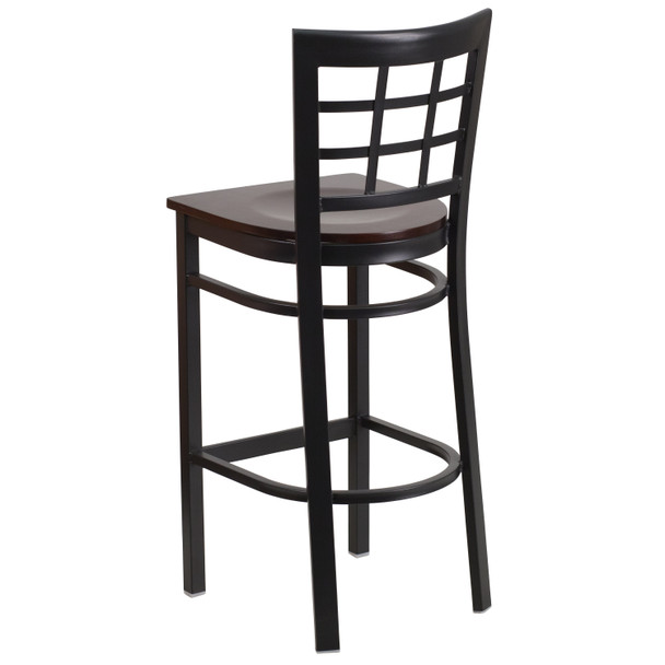 HERCULES Series Black Window Back Metal Restaurant Barstool - Walnut Wood Seat