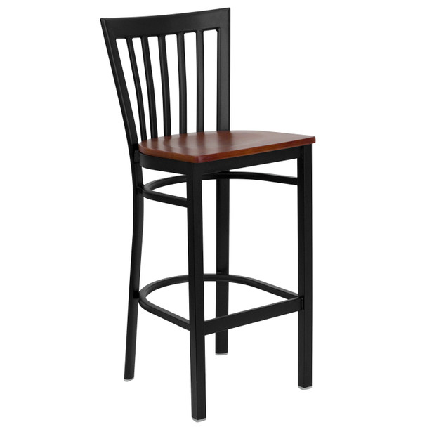 HERCULES Series Black School House Back Metal Restaurant Barstool - Cherry Wood Seat