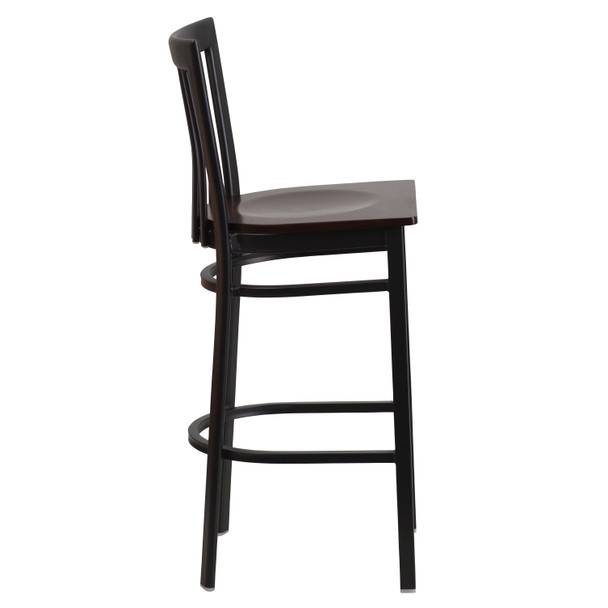 HERCULES Series Black School House Back Metal Restaurant Barstool - Walnut Wood Seat