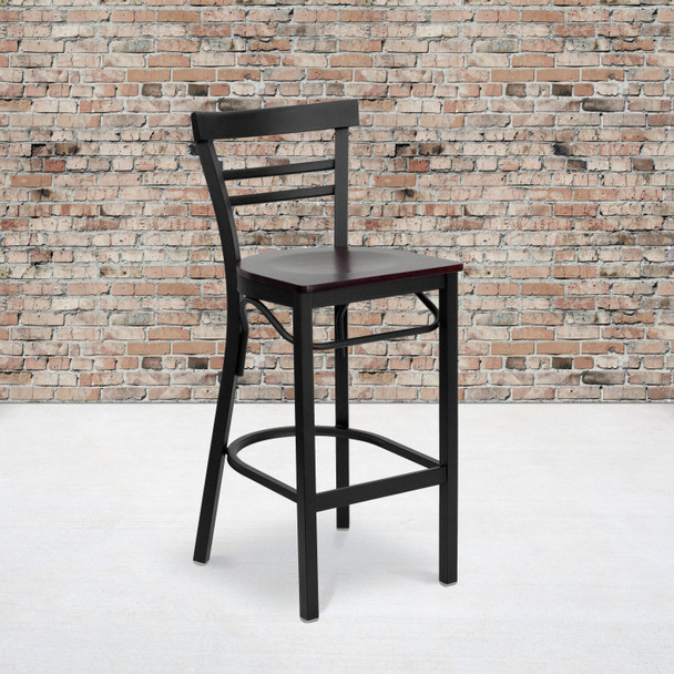 HERCULES Series Black Two-Slat Ladder Back Metal Restaurant Barstool - Mahogany Wood Seat