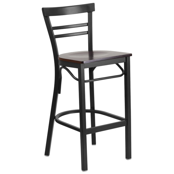 HERCULES Series Black Two-Slat Ladder Back Metal Restaurant Barstool - Walnut Wood Seat
