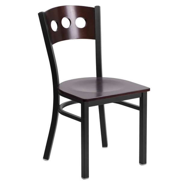 HERCULES Series Black 3 Circle Back Metal Restaurant Chair - Walnut Wood Back & Seat