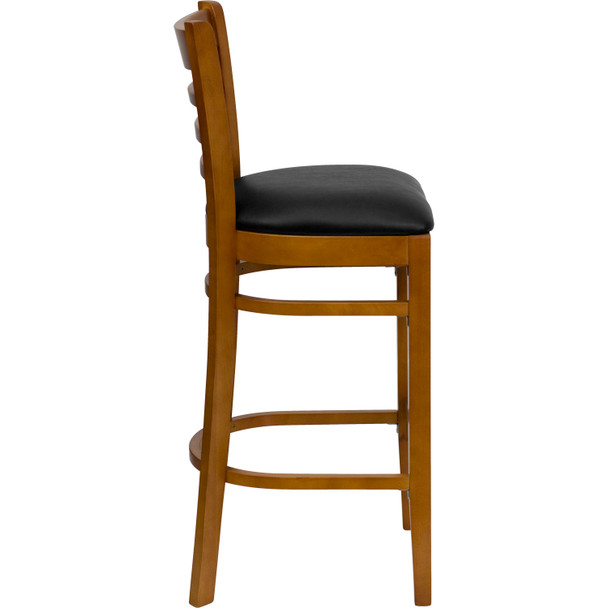 HERCULES Series Ladder Back Cherry Wood Restaurant Barstool - Black Vinyl Seat