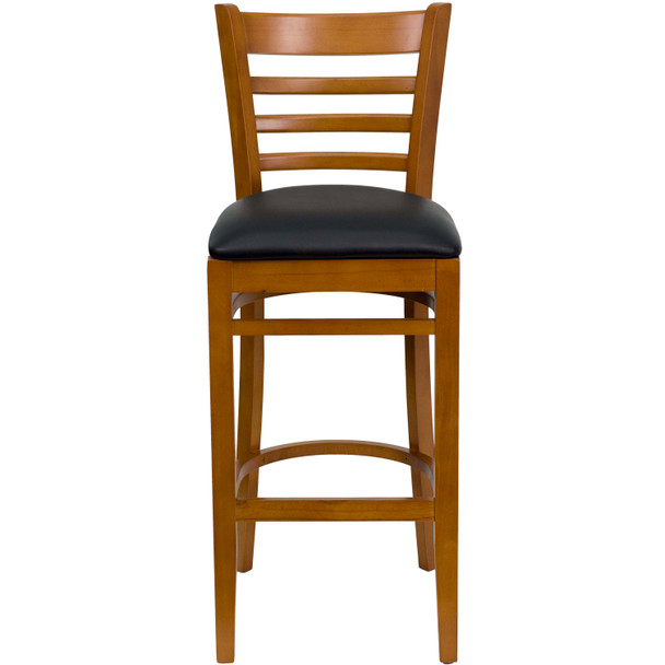 HERCULES Series Ladder Back Cherry Wood Restaurant Barstool - Black Vinyl Seat