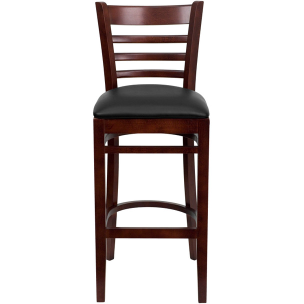 HERCULES Series Ladder Back Mahogany Wood Restaurant Barstool - Black Vinyl Seat