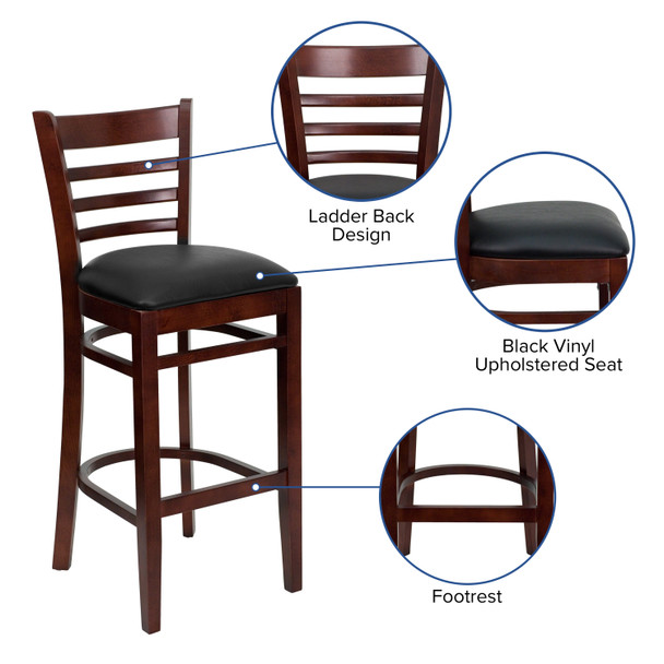 HERCULES Series Ladder Back Mahogany Wood Restaurant Barstool - Black Vinyl Seat