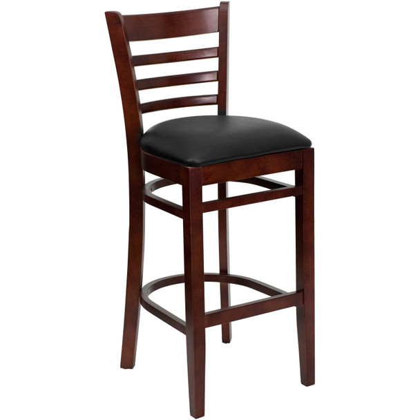 HERCULES Series Ladder Back Mahogany Wood Restaurant Barstool - Black Vinyl Seat