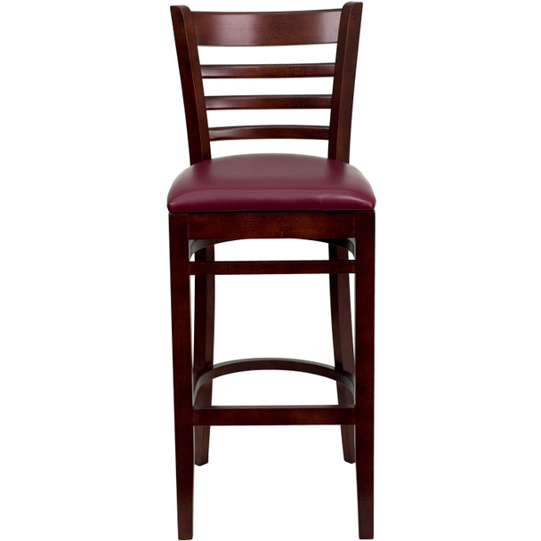 HERCULES Series Ladder Back Mahogany Wood Restaurant Barstool - Burgundy Vinyl Seat