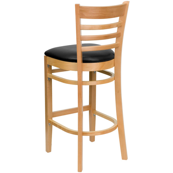 HERCULES Series Ladder Back Natural Wood Restaurant Barstool - Black Vinyl Seat