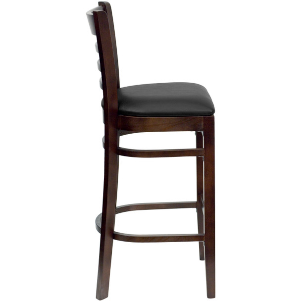 HERCULES Series Ladder Back Walnut Wood Restaurant Barstool - Black Vinyl Seat