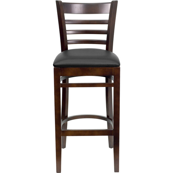 HERCULES Series Ladder Back Walnut Wood Restaurant Barstool - Black Vinyl Seat