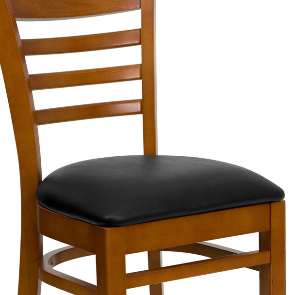HERCULES Series Ladder Back Cherry Wood Restaurant Chair - Black Vinyl Seat