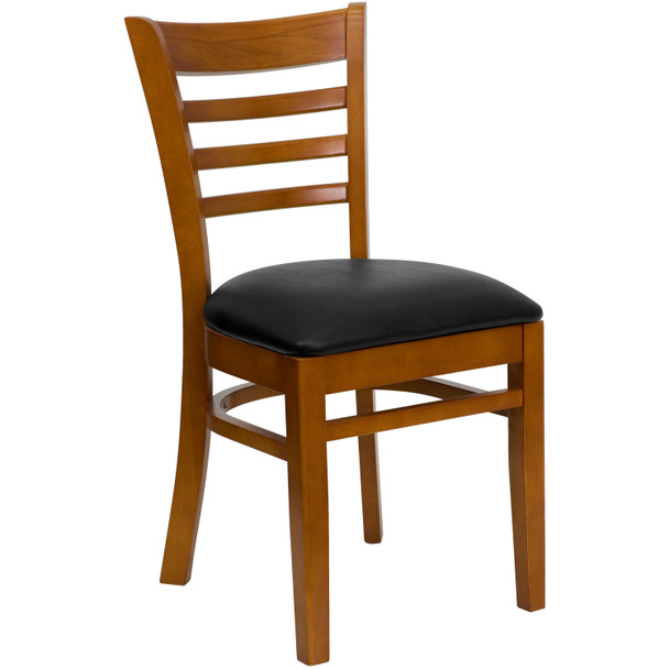 HERCULES Series Ladder Back Cherry Wood Restaurant Chair - Black Vinyl Seat