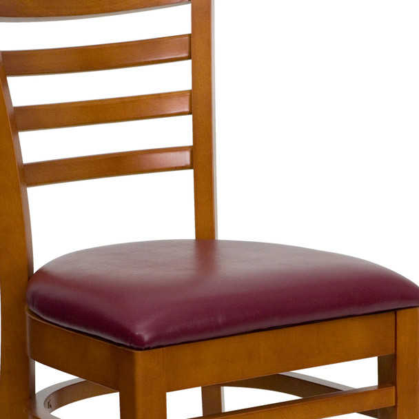 HERCULES Series Ladder Back Cherry Wood Restaurant Chair - Burgundy Vinyl Seat