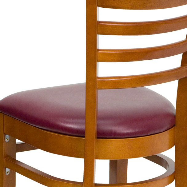 HERCULES Series Ladder Back Cherry Wood Restaurant Chair - Burgundy Vinyl Seat