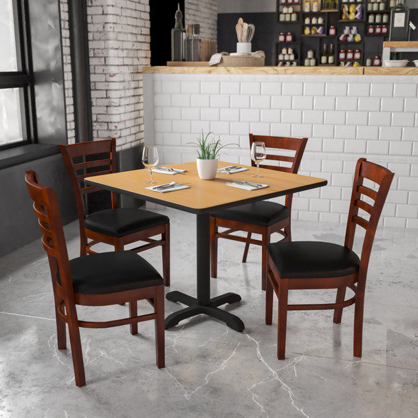 HERCULES Series Ladder Back Mahogany Wood Restaurant Chair - Black Vinyl Seat