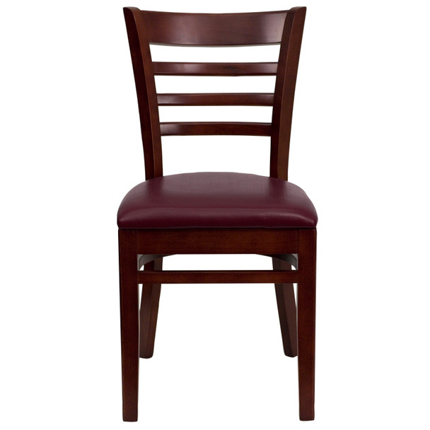 HERCULES Series Ladder Back Mahogany Wood Restaurant Chair - Burgundy Vinyl Seat