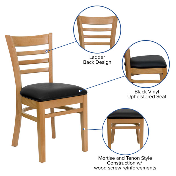 HERCULES Series Ladder Back Natural Wood Restaurant Chair - Black Vinyl Seat