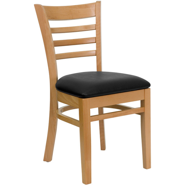 HERCULES Series Ladder Back Natural Wood Restaurant Chair - Black Vinyl Seat