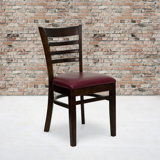 HERCULES Series Ladder Back Walnut Wood Restaurant Chair - Burgundy Vinyl Seat